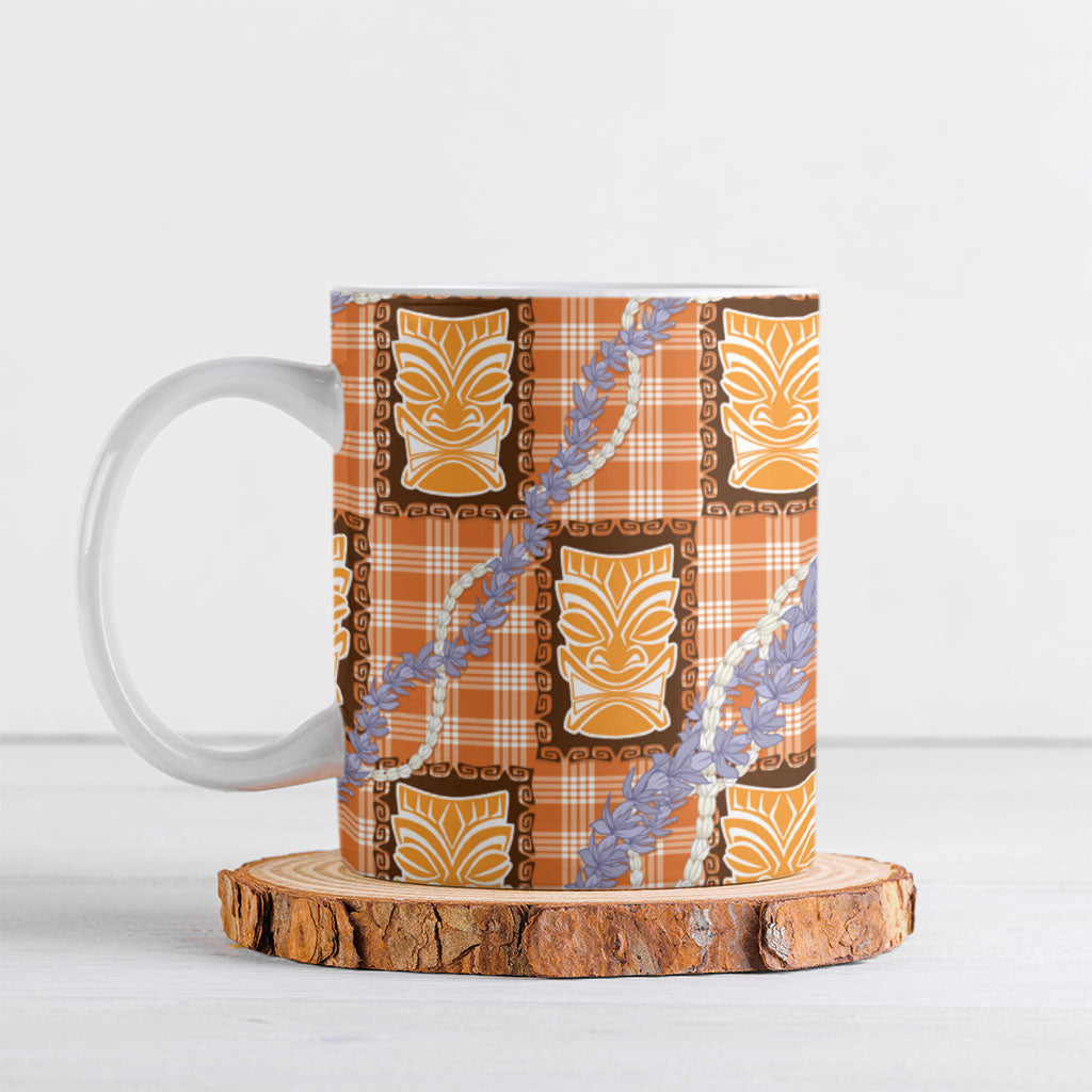 Aloha Hawaii Tiki Palaka Motifs Ceramic Mug Honohono Lei Orange Elegant Vibes