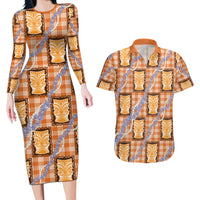 Aloha Hawaii Tiki Palaka Motifs Couples Matching Long Sleeve Bodycon Dress and Hawaiian Shirt Honohono Lei Orange Elegant Vibes