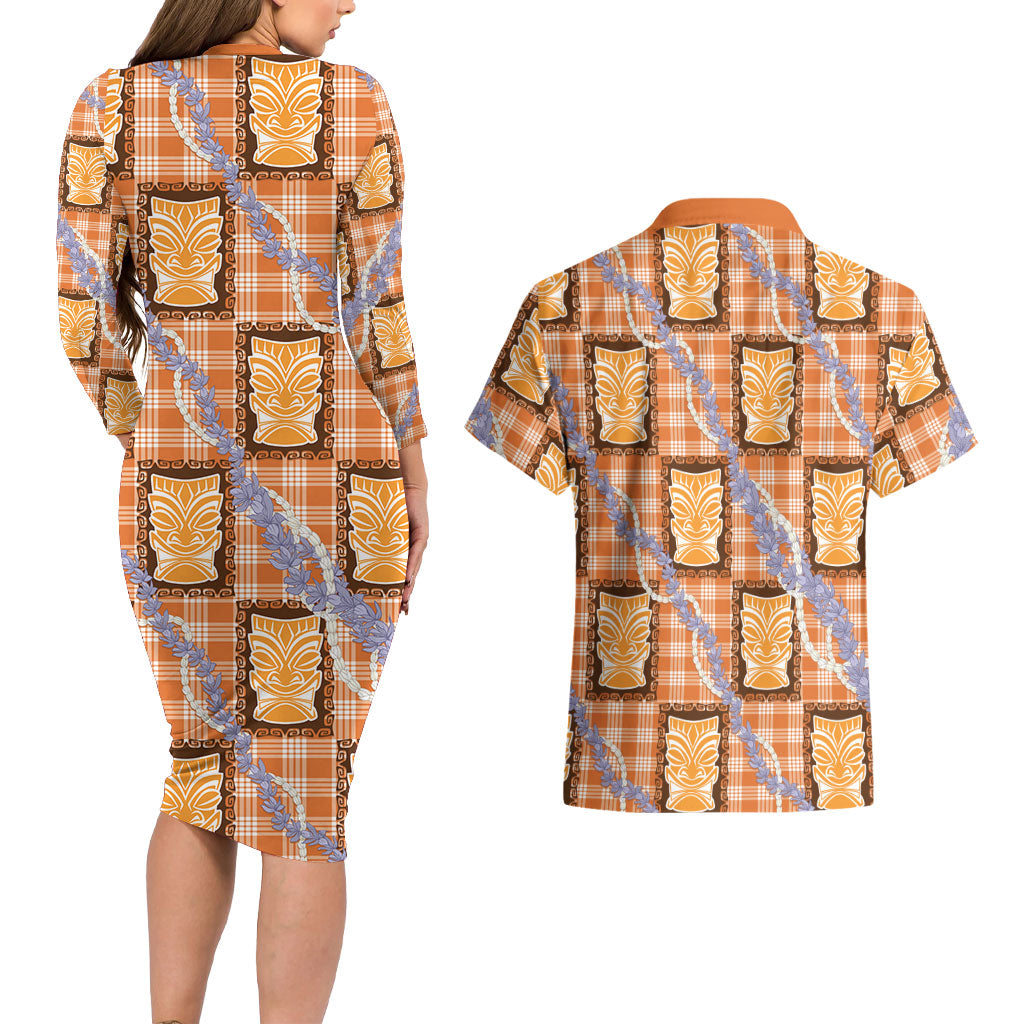 Aloha Hawaii Tiki Palaka Motifs Couples Matching Long Sleeve Bodycon Dress and Hawaiian Shirt Honohono Lei Orange Elegant Vibes