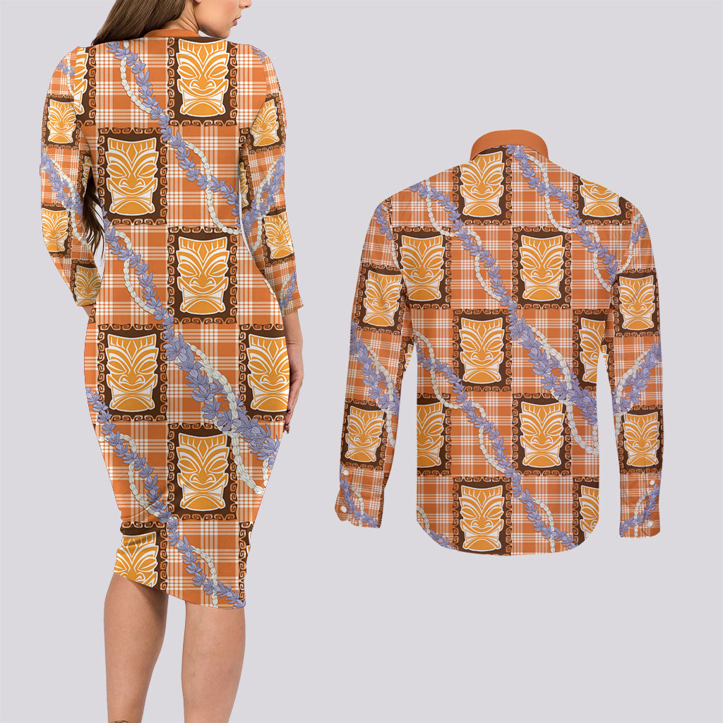 Aloha Hawaii Tiki Palaka Motifs Couples Matching Long Sleeve Bodycon Dress and Long Sleeve Button Shirt Honohono Lei Orange Elegant Vibes