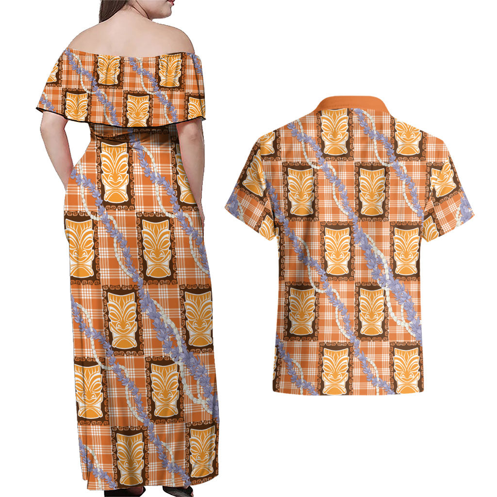 Aloha Hawaii Tiki Palaka Motifs Couples Matching Off Shoulder Maxi Dress and Hawaiian Shirt Honohono Lei Orange Elegant Vibes