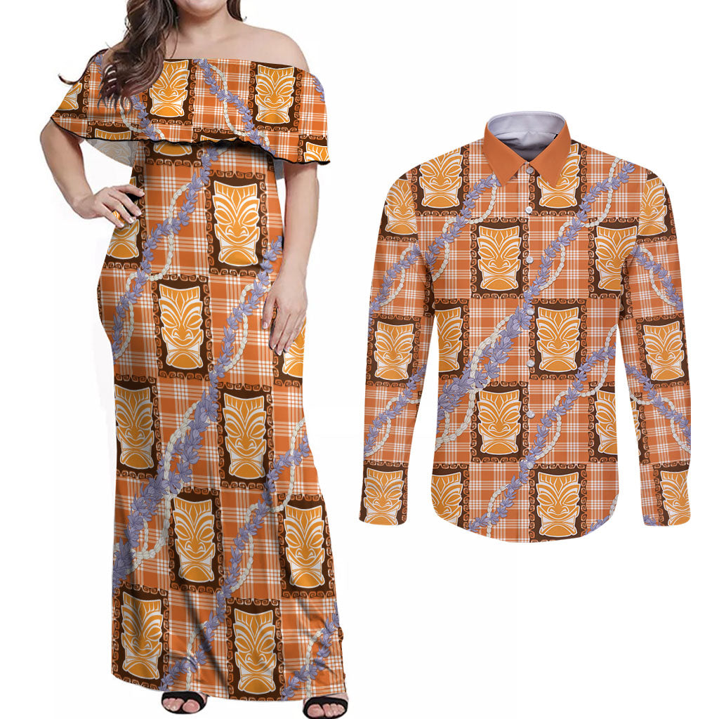 Aloha Hawaii Tiki Palaka Motifs Couples Matching Off Shoulder Maxi Dress and Long Sleeve Button Shirt Honohono Lei Orange Elegant Vibes LT14 Orange - Polynesian Pride