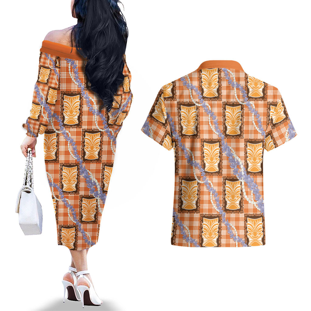 Aloha Hawaii Tiki Palaka Motifs Couples Matching Off The Shoulder Long Sleeve Dress and Hawaiian Shirt Honohono Lei Orange Elegant Vibes