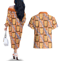 Aloha Hawaii Tiki Palaka Motifs Couples Matching Off The Shoulder Long Sleeve Dress and Hawaiian Shirt Honohono Lei Orange Elegant Vibes