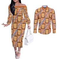 Aloha Hawaii Tiki Palaka Motifs Couples Matching Off The Shoulder Long Sleeve Dress and Long Sleeve Button Shirt Honohono Lei Orange Elegant Vibes