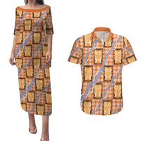 Aloha Hawaii Tiki Palaka Motifs Couples Matching Puletasi and Hawaiian Shirt Honohono Lei Orange Elegant Vibes