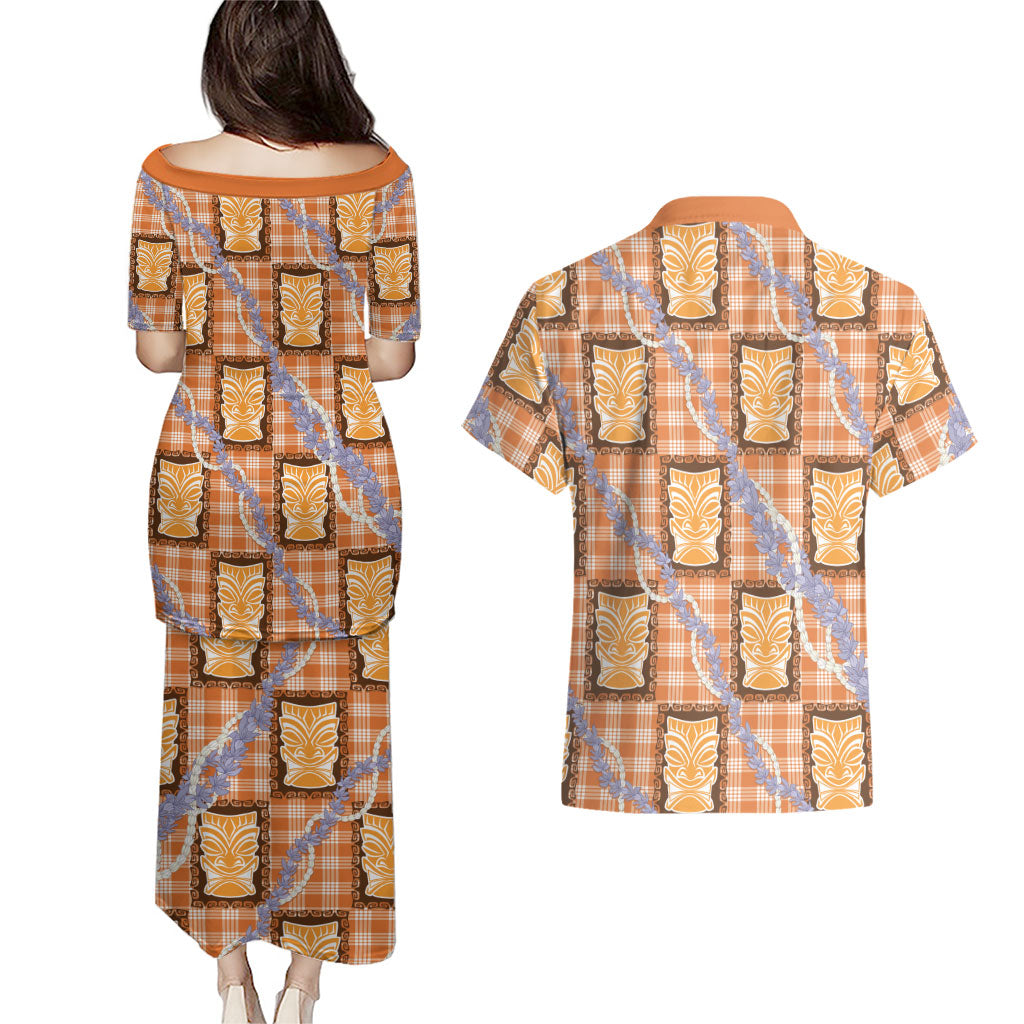 Aloha Hawaii Tiki Palaka Motifs Couples Matching Puletasi and Hawaiian Shirt Honohono Lei Orange Elegant Vibes