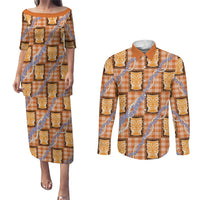 Aloha Hawaii Tiki Palaka Motifs Couples Matching Puletasi and Long Sleeve Button Shirt Honohono Lei Orange Elegant Vibes