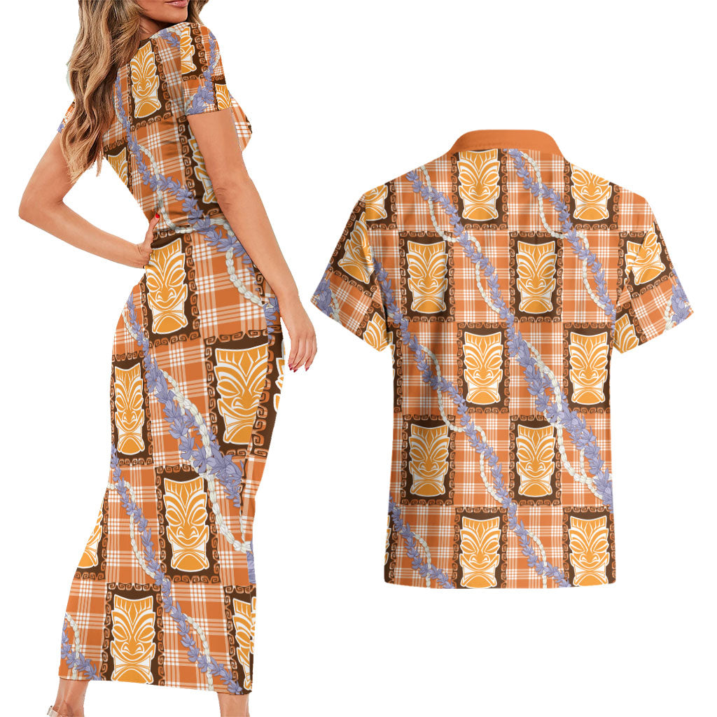 Aloha Hawaii Tiki Palaka Motifs Couples Matching Short Sleeve Bodycon Dress and Hawaiian Shirt Honohono Lei Orange Elegant Vibes
