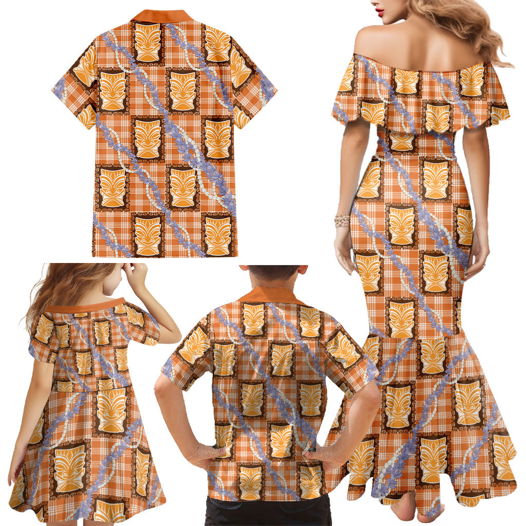Aloha Hawaii Tiki Palaka Motifs Family Matching Mermaid Dress and Hawaiian Shirt Honohono Lei Orange Elegant Vibes