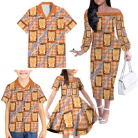 Aloha Hawaii Tiki Palaka Motifs Family Matching Off The Shoulder Long Sleeve Dress and Hawaiian Shirt Honohono Lei Orange Elegant Vibes