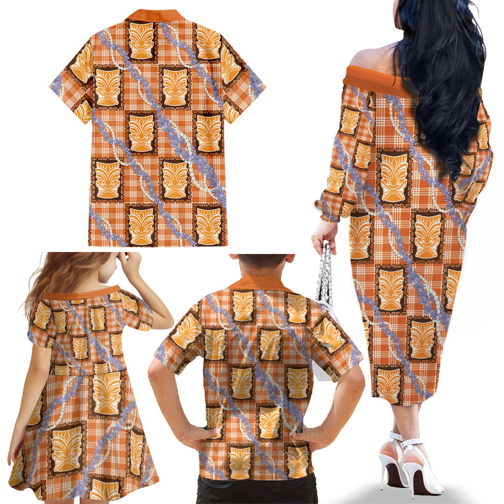 Aloha Hawaii Tiki Palaka Motifs Family Matching Off The Shoulder Long Sleeve Dress and Hawaiian Shirt Honohono Lei Orange Elegant Vibes