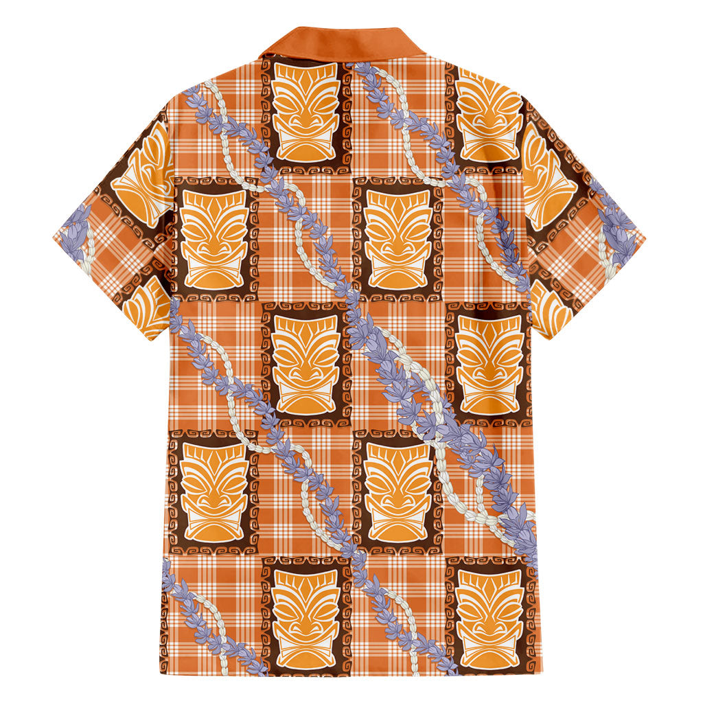 Aloha Hawaii Tiki Palaka Motifs Family Matching Off The Shoulder Long Sleeve Dress and Hawaiian Shirt Honohono Lei Orange Elegant Vibes