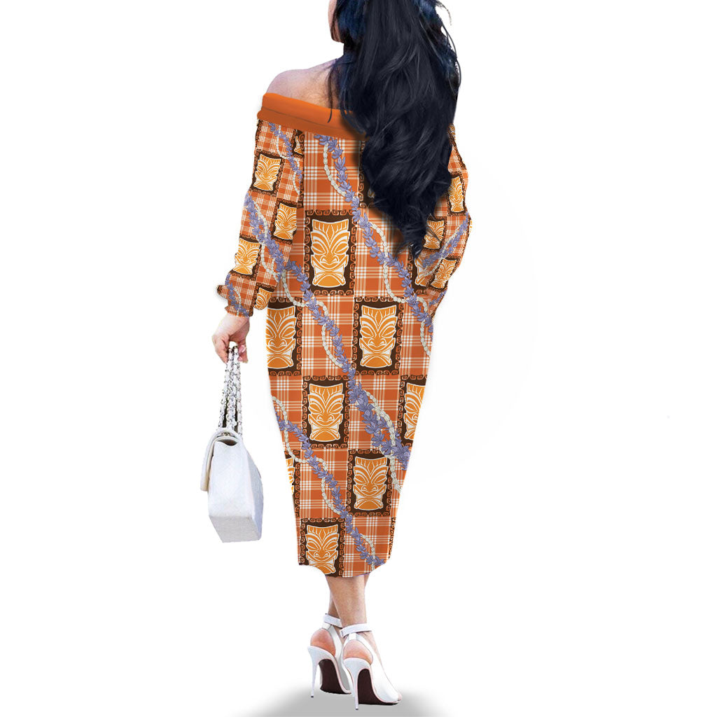 Aloha Hawaii Tiki Palaka Motifs Family Matching Off The Shoulder Long Sleeve Dress and Hawaiian Shirt Honohono Lei Orange Elegant Vibes