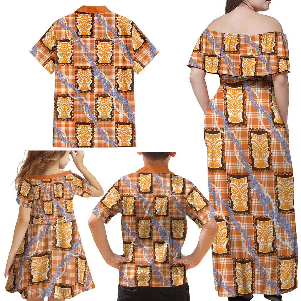Aloha Hawaii Tiki Palaka Motifs Family Matching Off Shoulder Maxi Dress and Hawaiian Shirt Honohono Lei Orange Elegant Vibes