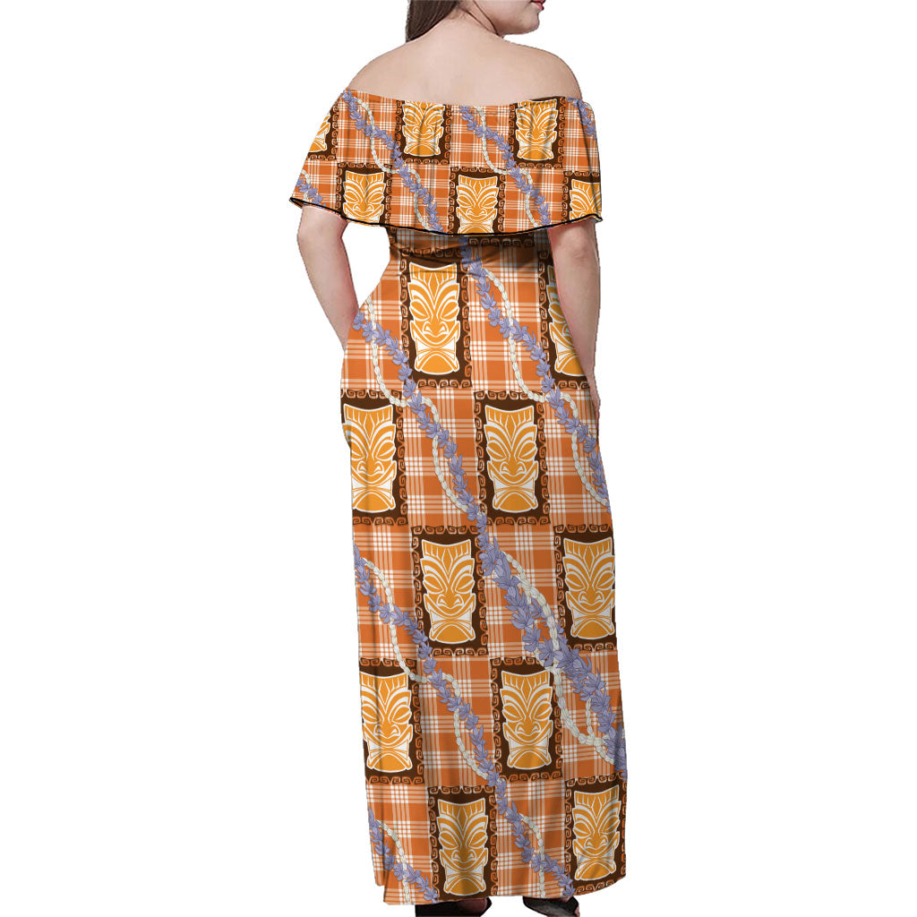 Aloha Hawaii Tiki Palaka Motifs Family Matching Off Shoulder Maxi Dress and Hawaiian Shirt Honohono Lei Orange Elegant Vibes