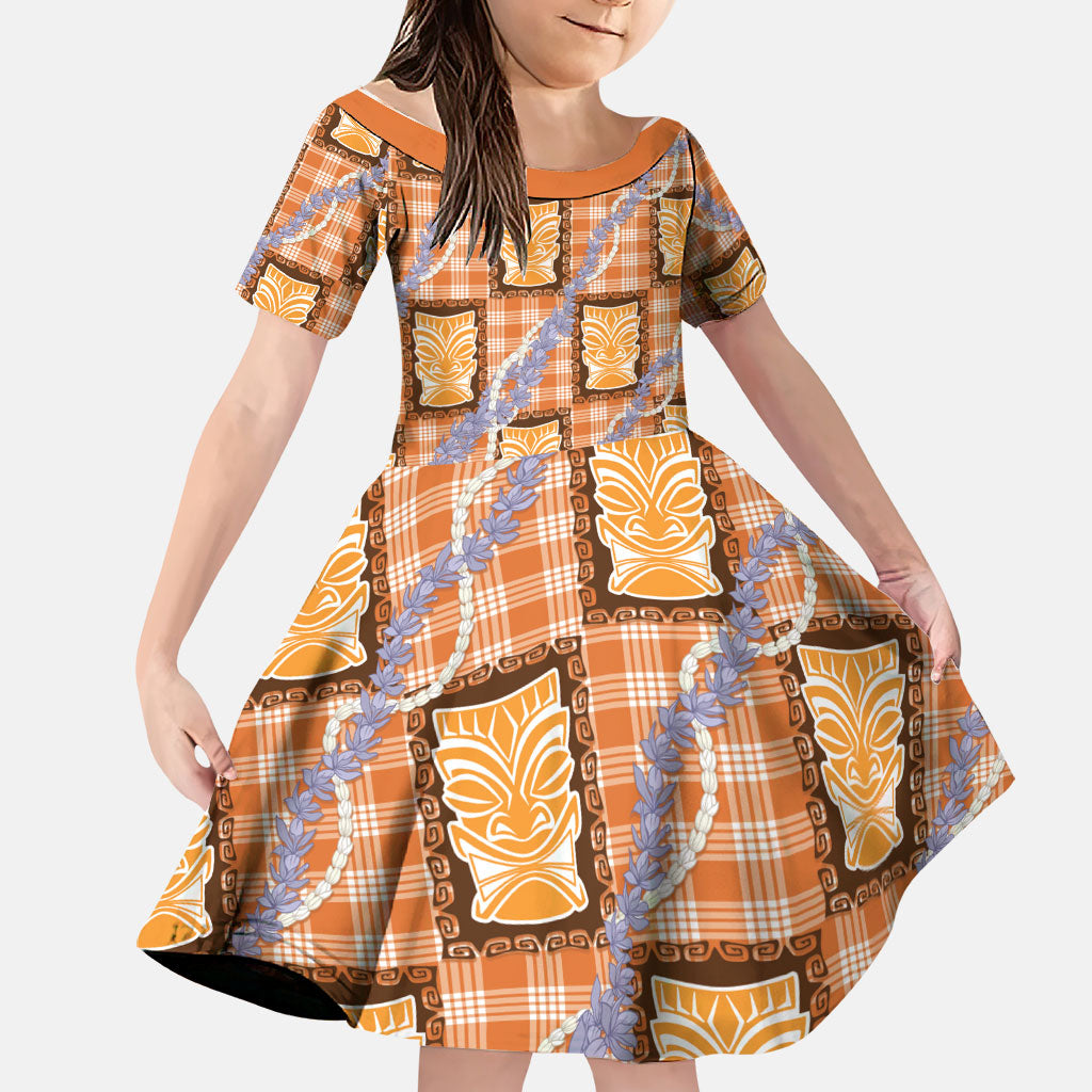 Aloha Hawaii Tiki Palaka Motifs Family Matching Off Shoulder Short Dress and Hawaiian Shirt Honohono Lei Orange Elegant Vibes