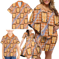 Aloha Hawaii Tiki Palaka Motifs Family Matching Off Shoulder Short Dress and Hawaiian Shirt Honohono Lei Orange Elegant Vibes