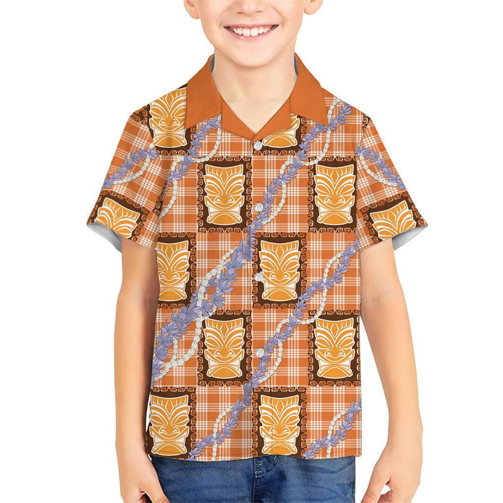 Aloha Hawaii Tiki Palaka Motifs Family Matching Off Shoulder Short Dress and Hawaiian Shirt Honohono Lei Orange Elegant Vibes