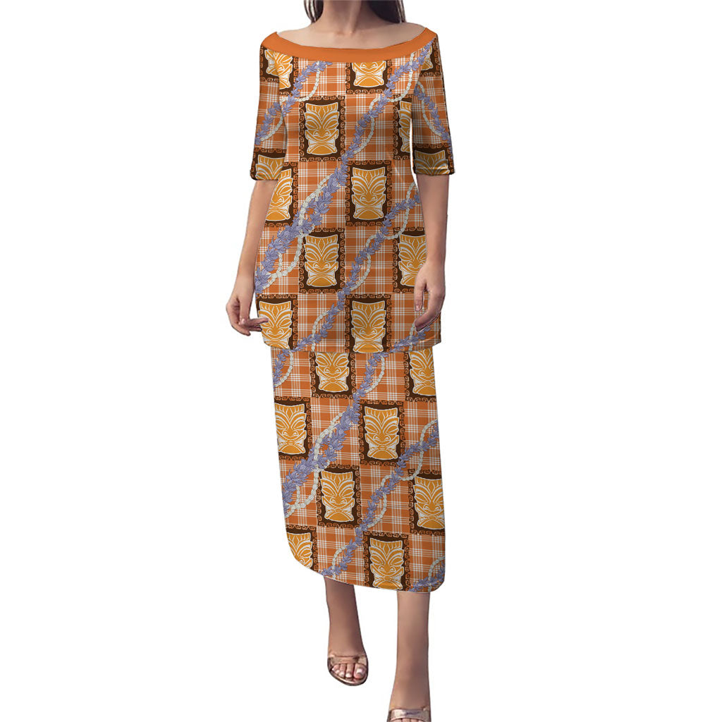 Aloha Hawaii Tiki Palaka Motifs Family Matching Puletasi and Hawaiian Shirt Honohono Lei Orange Elegant Vibes