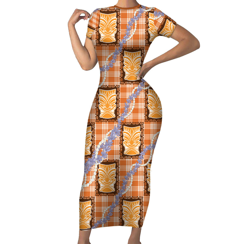 Aloha Hawaii Tiki Palaka Motifs Family Matching Short Sleeve Bodycon Dress and Hawaiian Shirt Honohono Lei Orange Elegant Vibes