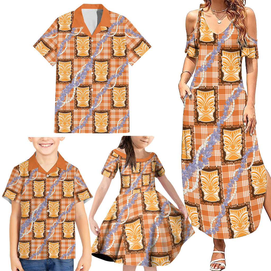 Aloha Hawaii Tiki Palaka Motifs Family Matching Summer Maxi Dress and Hawaiian Shirt Honohono Lei Orange Elegant Vibes