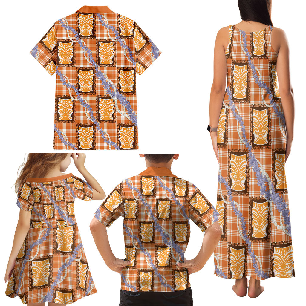 Aloha Hawaii Tiki Palaka Motifs Family Matching Tank Maxi Dress and Hawaiian Shirt Honohono Lei Orange Elegant Vibes
