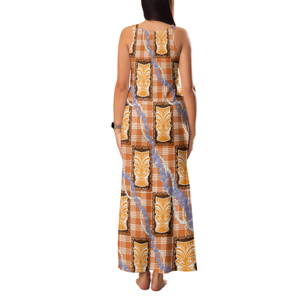 Aloha Hawaii Tiki Palaka Motifs Family Matching Tank Maxi Dress and Hawaiian Shirt Honohono Lei Orange Elegant Vibes