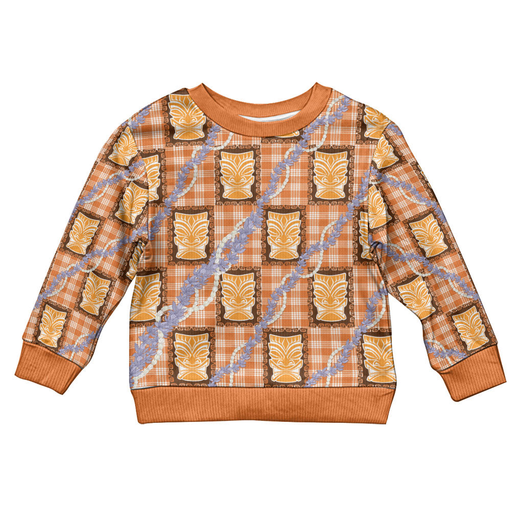 Aloha Hawaii Tiki Palaka Motifs Kid Ugly Christmas Sweater Honohono Lei Orange Elegant Vibes