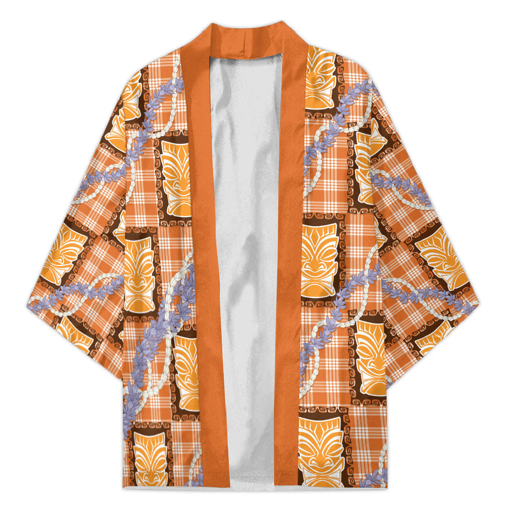 Aloha Hawaii Tiki Palaka Motifs Kimono Honohono Lei Orange Elegant Vibes LT14 Unisex Orange - Polynesian Pride
