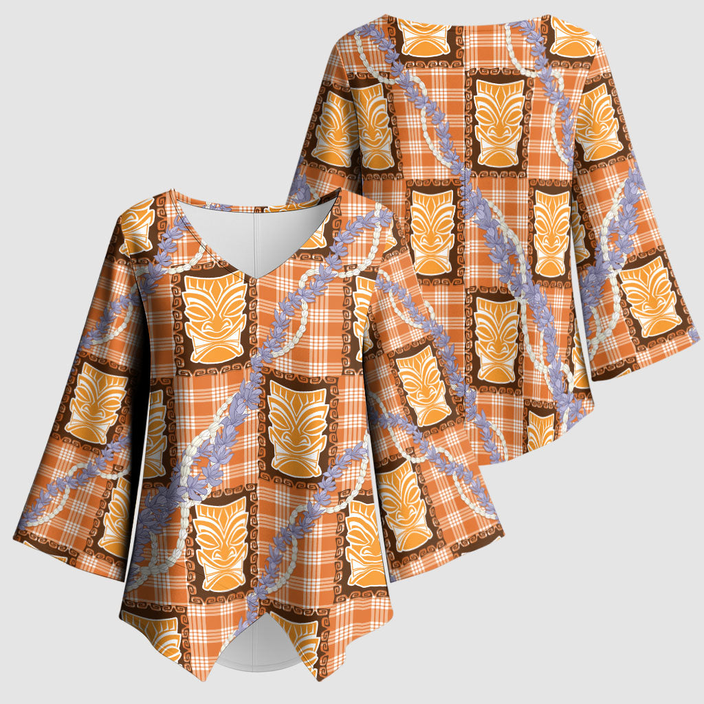 Aloha Hawaii Tiki Palaka Motifs Kimono Sleeve Blouse Honohono Lei Orange Elegant Vibes