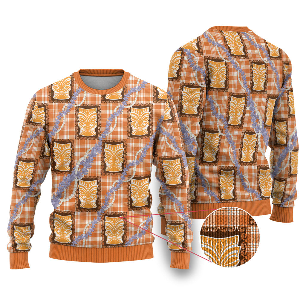 Aloha Hawaii Tiki Palaka Motifs Ugly Christmas Sweater Honohono Lei Orange Elegant Vibes