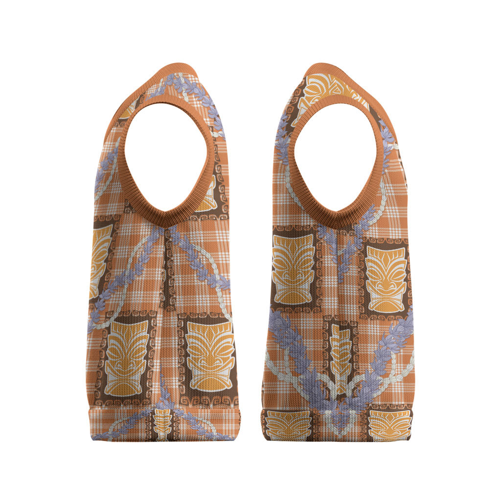 Aloha Hawaii Tiki Palaka Motifs Christmas Knitted V-Neck Vest Honohono Lei Orange Elegant Vibes