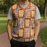 Aloha Hawaii Tiki Palaka Motifs Christmas Knitted V-Neck Vest Honohono Lei Orange Elegant Vibes