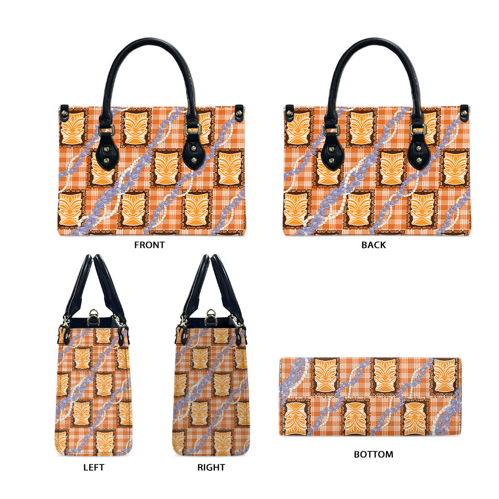 Aloha Hawaii Tiki Palaka Motifs Leather Bag Honohono Lei Orange Elegant Vibes