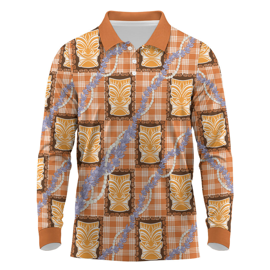 Aloha Hawaii Tiki Palaka Motifs Long Sleeve Polo Shirt Honohono Lei Orange Elegant Vibes LT14 Orange - Polynesian Pride