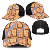 Aloha Hawaii Tiki Palaka Motifs Mesh Trucker Cap Honohono Lei Orange Elegant Vibes