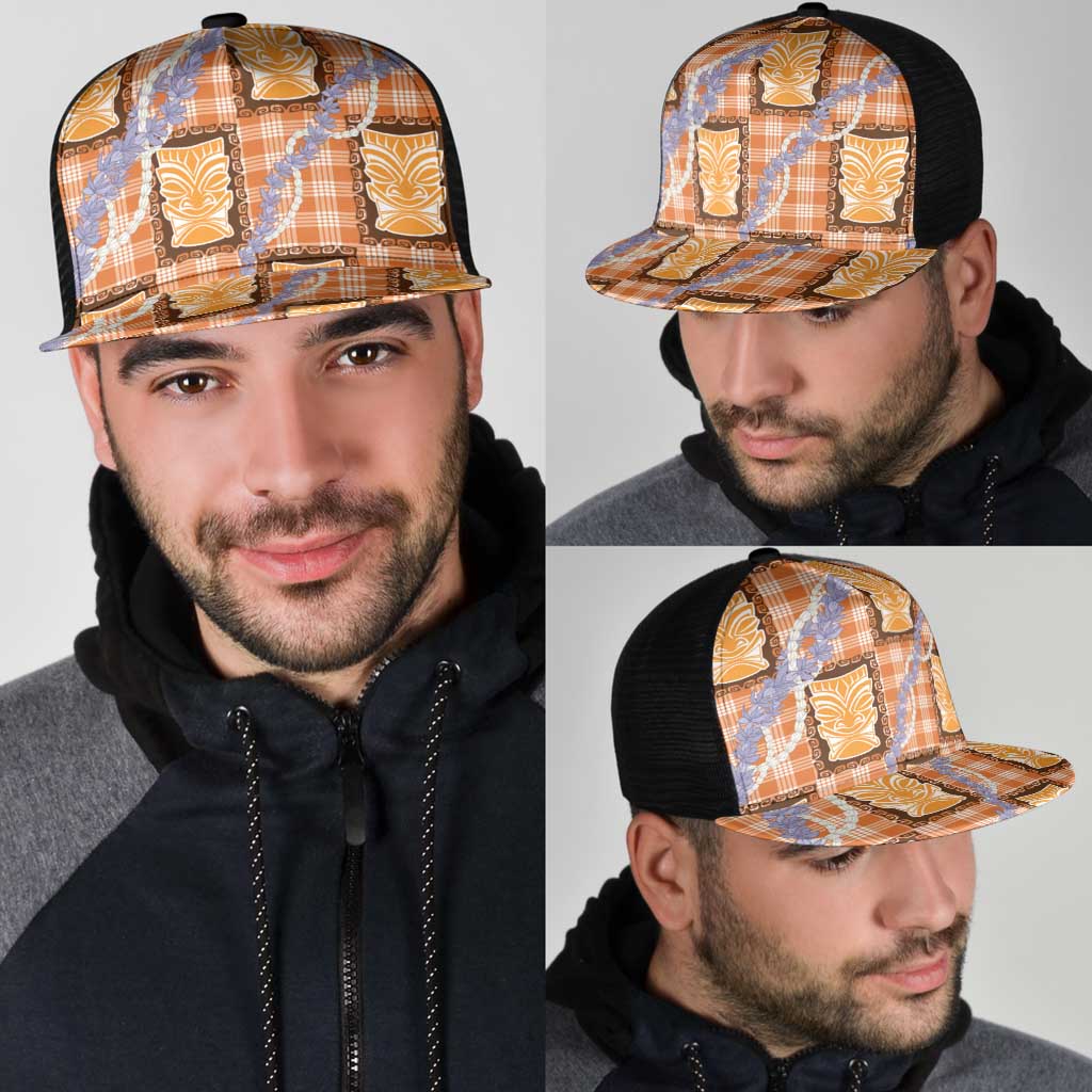 Aloha Hawaii Tiki Palaka Motifs Mesh Trucker Cap Honohono Lei Orange Elegant Vibes