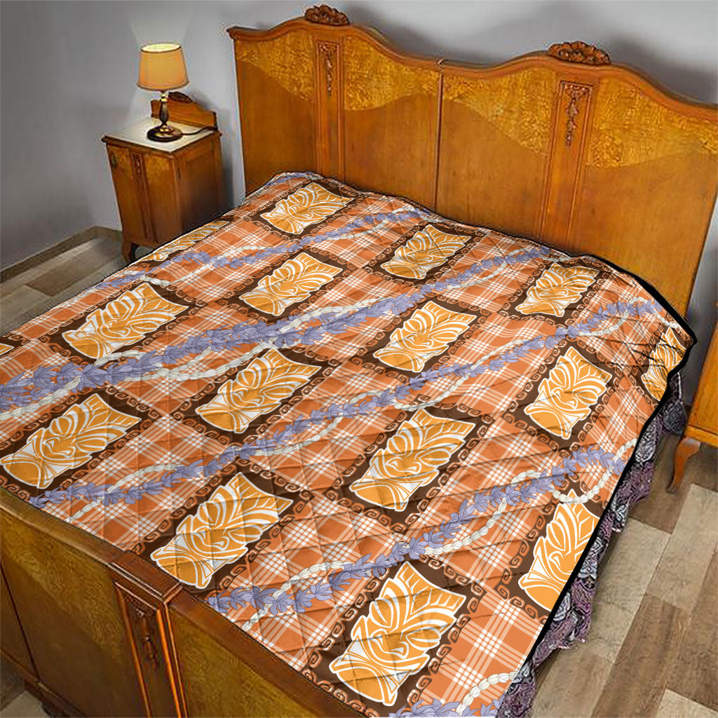 Aloha Hawaii Tiki Palaka Motifs Quilt Honohono Lei Orange Elegant Vibes