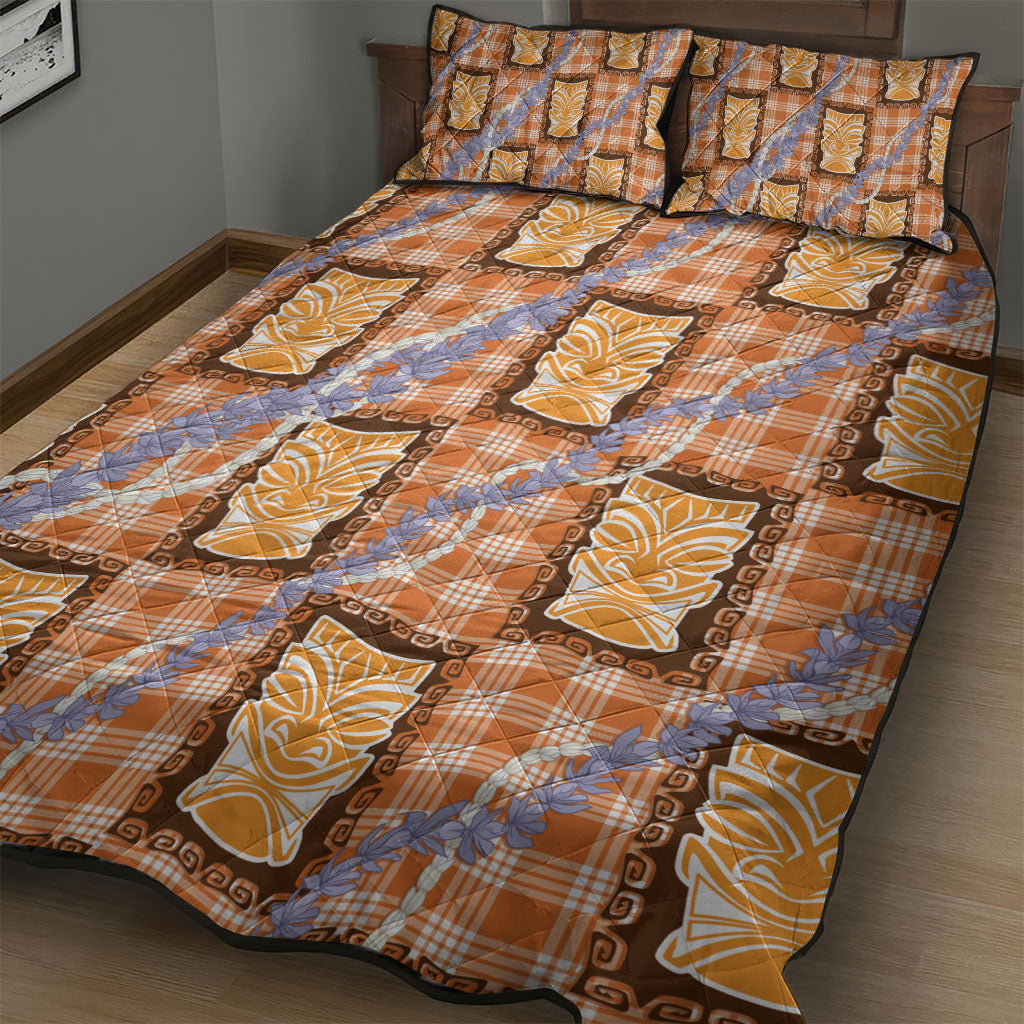 Aloha Hawaii Tiki Palaka Motifs Quilt Bed Set Honohono Lei Orange Elegant Vibes