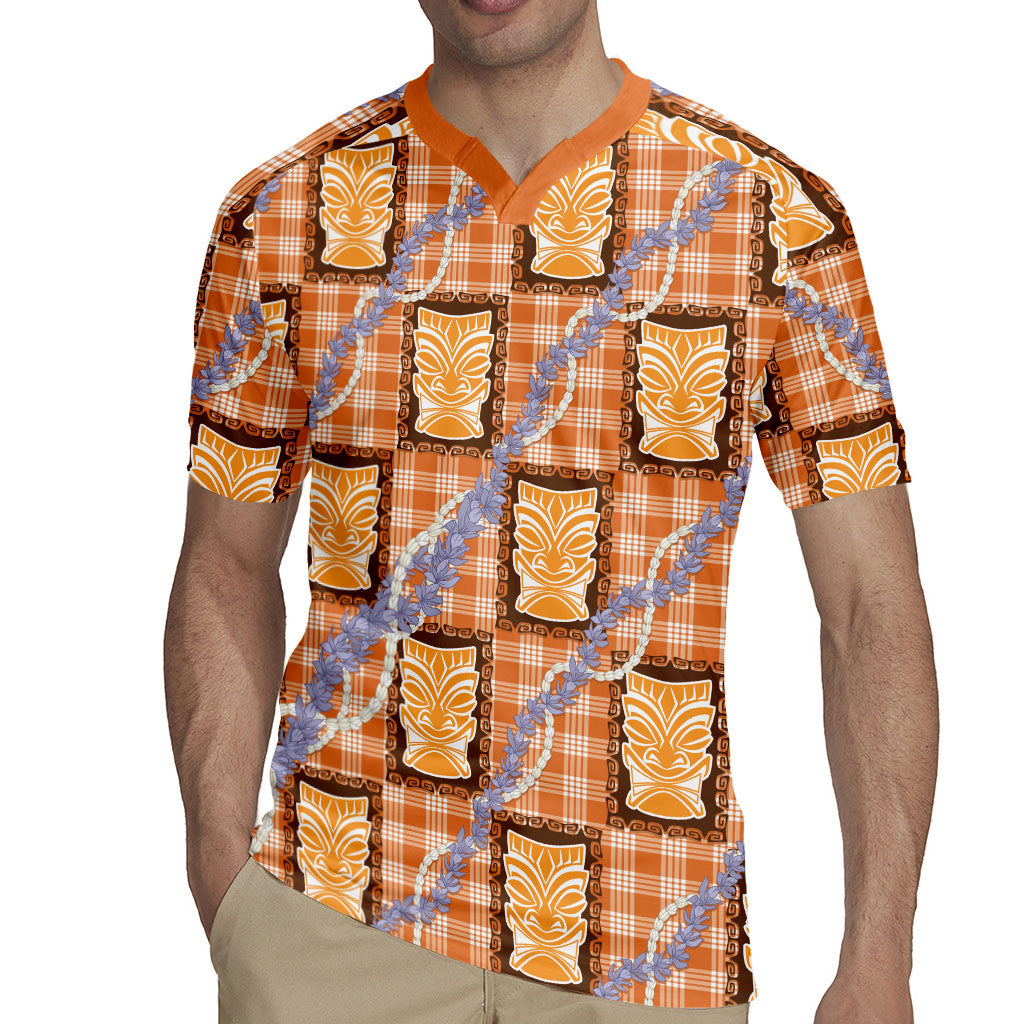 Aloha Hawaii Tiki Palaka Motifs Rugby Jersey Honohono Lei Orange Elegant Vibes