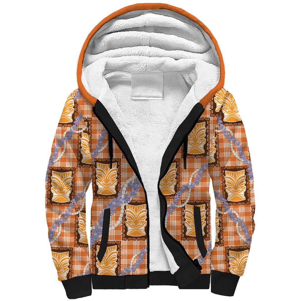 Aloha Hawaii Tiki Palaka Motifs Sherpa Hoodie Honohono Lei Orange Elegant Vibes