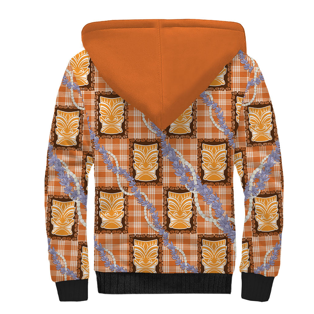Aloha Hawaii Tiki Palaka Motifs Sherpa Hoodie Honohono Lei Orange Elegant Vibes