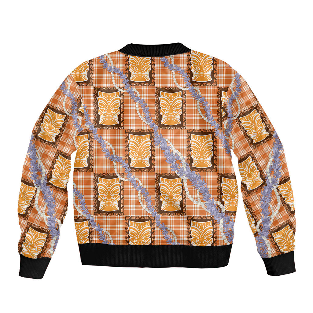Aloha Hawaii Tiki Palaka Motifs Sleeve Zip Bomber Jacket Honohono Lei Orange Elegant Vibes