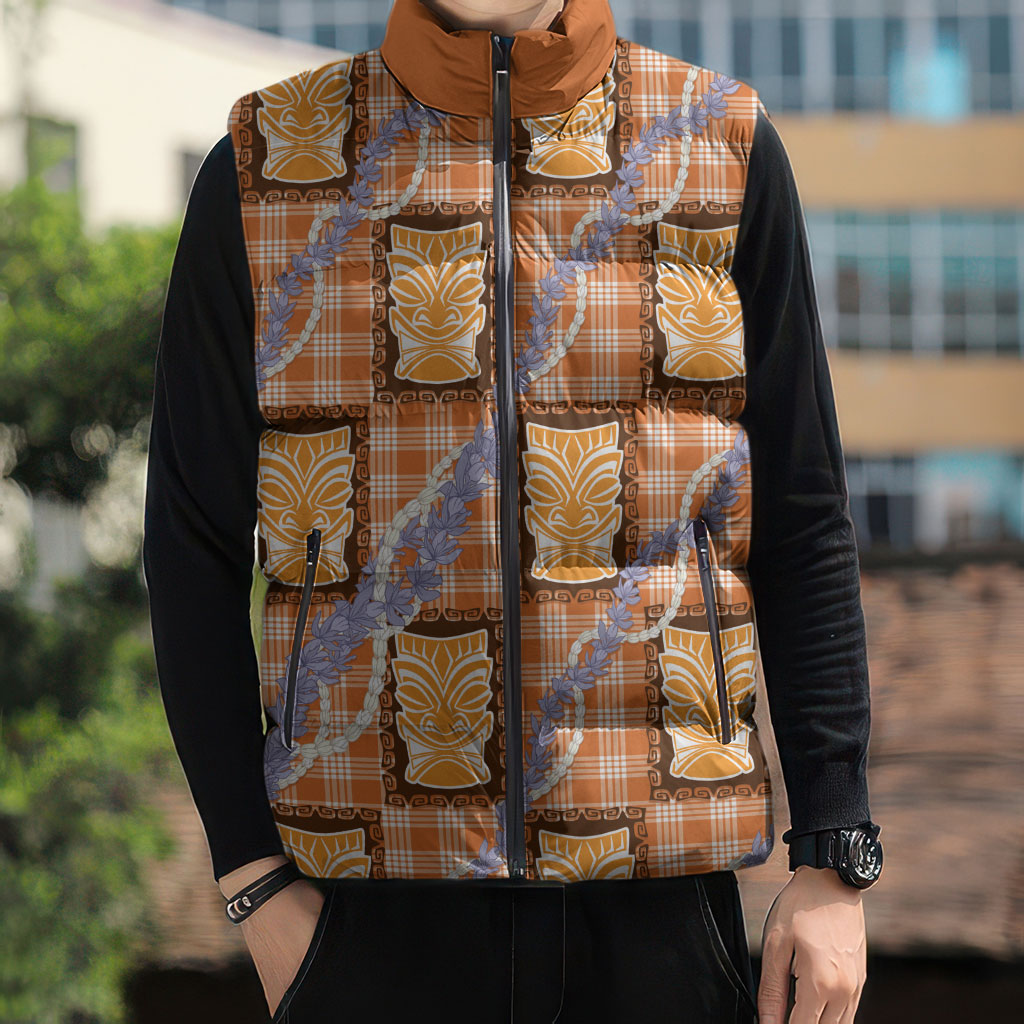 Aloha Hawaii Tiki Palaka Motifs Sleeveless Puffer Jacket Honohono Lei Orange Elegant Vibes