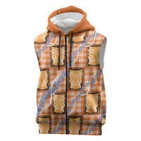 Aloha Hawaii Tiki Palaka Motifs Sleeveless Zip Hoodie Honohono Lei Orange Elegant Vibes