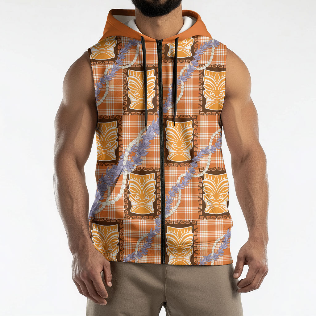 Aloha Hawaii Tiki Palaka Motifs Sleeveless Zip Hoodie Honohono Lei Orange Elegant Vibes