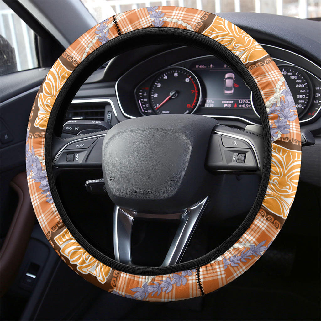 Aloha Hawaii Tiki Palaka Motifs Steering Wheel Cover Honohono Lei Orange Elegant Vibes LT14 - Polynesian Pride