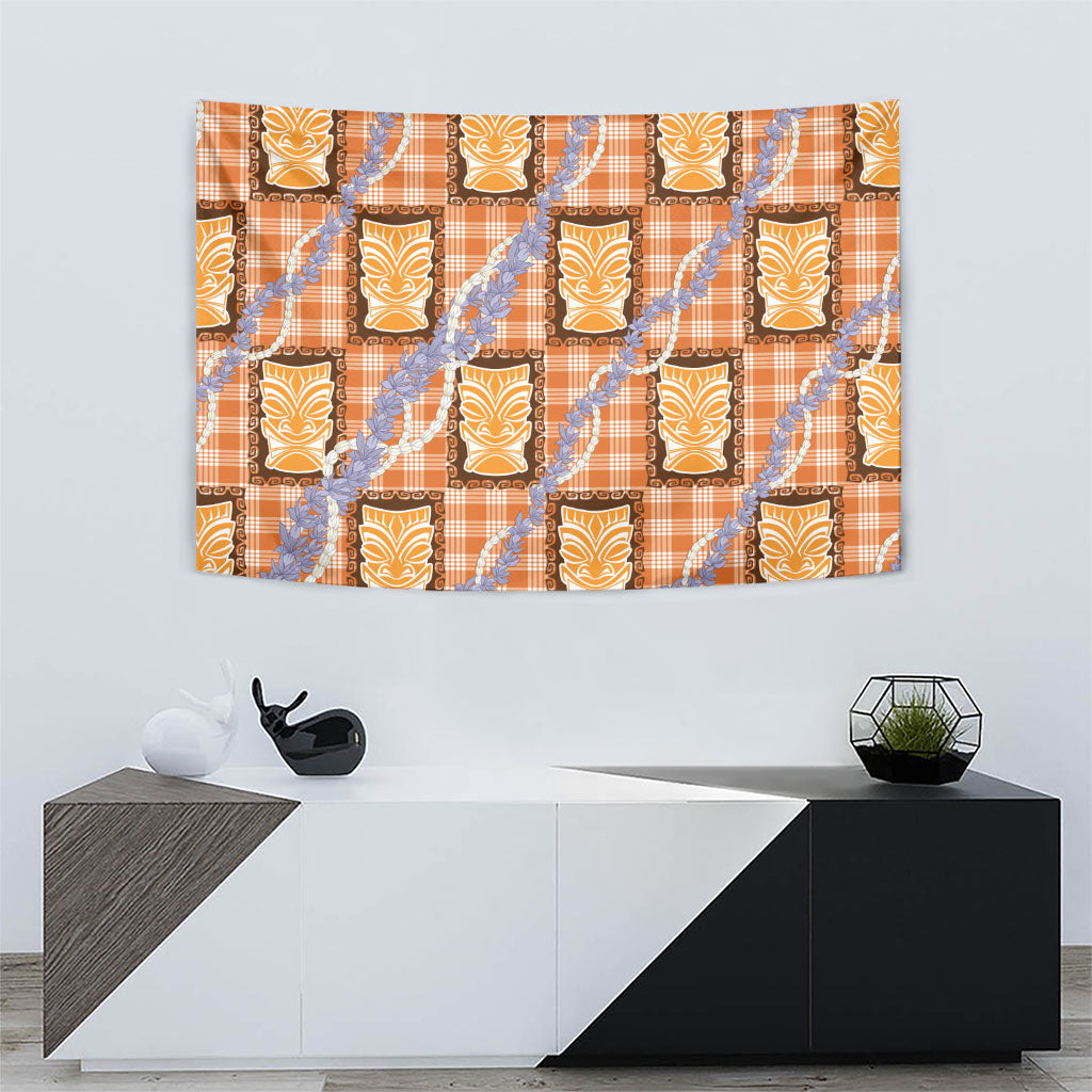 Aloha Hawaii Tiki Palaka Motifs Tapestry Honohono Lei Orange Elegant Vibes