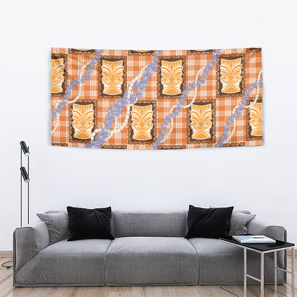 Aloha Hawaii Tiki Palaka Motifs Tapestry Honohono Lei Orange Elegant Vibes